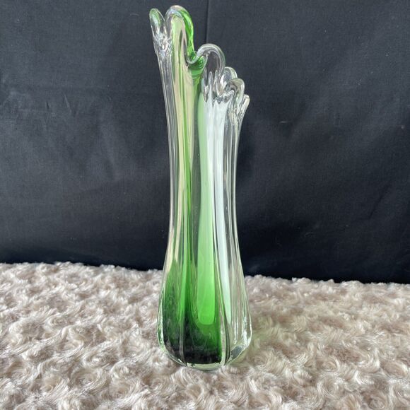 Vintage Swung Glass Finger Vase Clear White Green Ribbed 9” Handblown - Picture 5 of 8